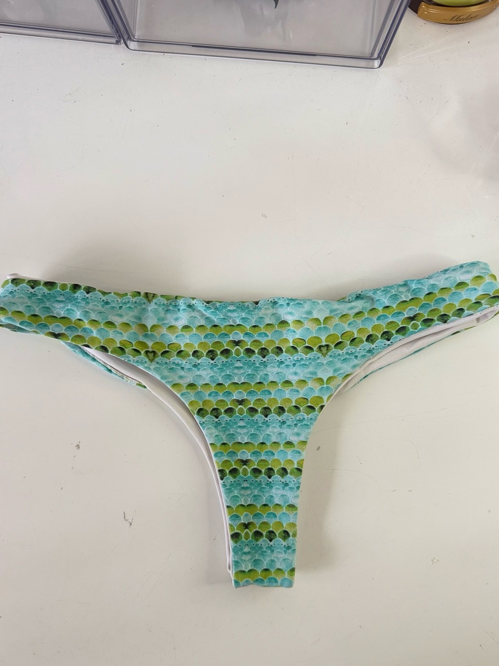 San Lorenzo Gold-Accent White Swimwear with Aqua and Lime Scales. Reversible !